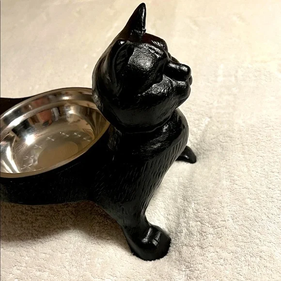 Vintage Cast Iron Black Cat Double Pet Bowl. NWOT - Picture 3 of 9